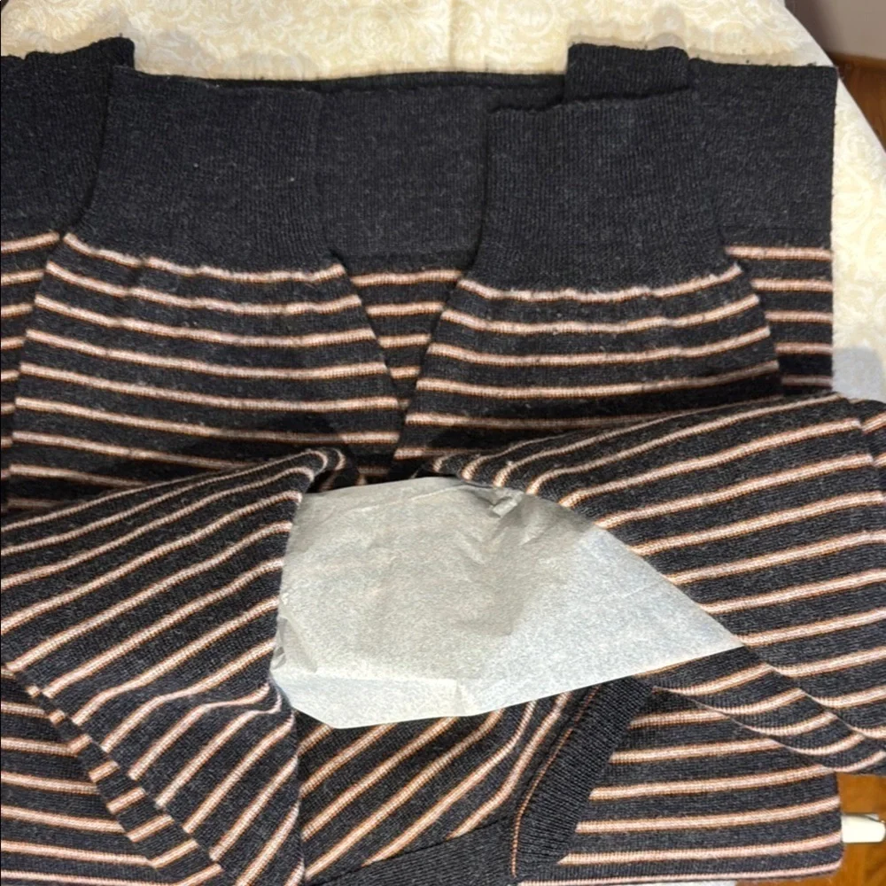 Garret Scott Men's Striped Heather Gray, Tan and Red Striped Merino Wool Sweater